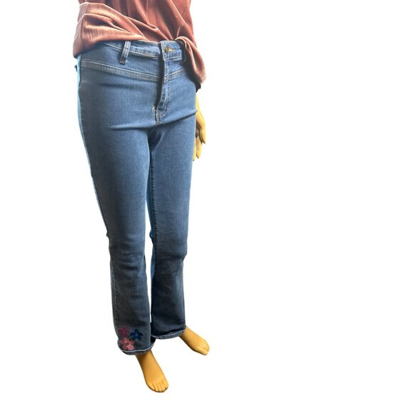 (6 for $25) Flower Power High Rise 70s Style Flare Jeans with Floral Embroidery - Picture 2 of 6